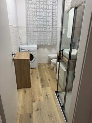 Shower, hair dryer, bidet, towels