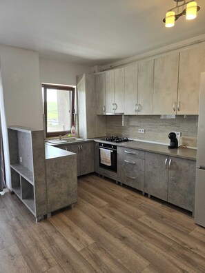Private kitchen - Modern Apartment Near City Center – Heated Floors & New Building (Bistrița)