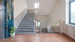 Una escalera con barandilla, una planta en maceta y un ventanal.