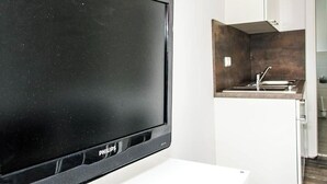 A modern kitchen with a built-in sink and a flat-screen TV mounted on the wall.