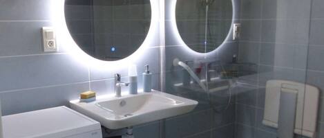 Shower, hair dryer, towels