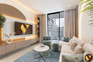 Luxury Apartment, Balcony, City View | Living room | 65-inch Smart TV with cable channels - Vogue | Binghatti Phoenix JVC Near Circle Mall (Dubai)