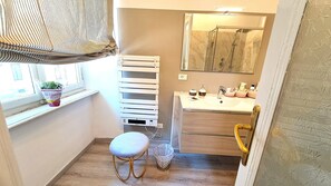 Shower, hair dryer, bidet, towels