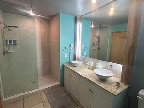 Shower, hair dryer, towels, soap
