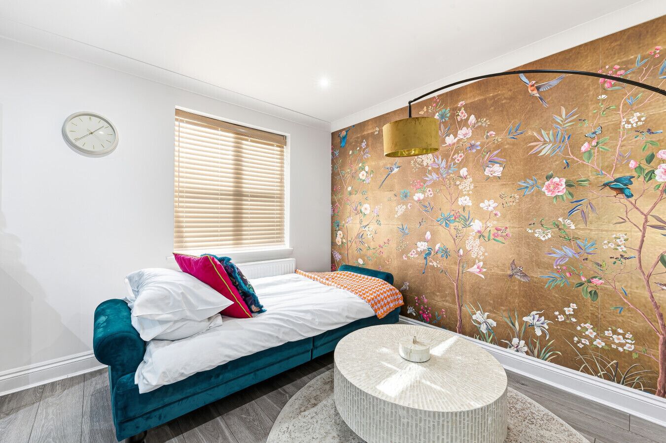 The sofa bed can be set up with bedding upon request
