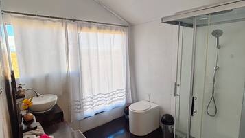 Shower, bidet, towels, soap