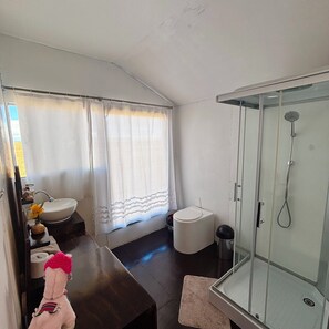 Shower, bidet, towels, soap