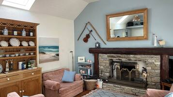 Smart TV, fireplace, books
