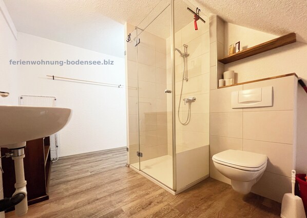Shower, hair dryer, towels, soap