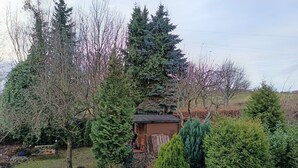 A garden with various trees and a wooden structure. - Apartment "Blütenlicht" with Mountain View, Shared Terrace and Wi-Fi (Hameln)