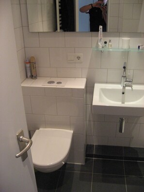 Une salle de bain équipée de toilettes, d’un lavabo et d’un miroir. On trouve des articles de toilette sur le lavabo et un porte-serviettes au-dessus du miroir.