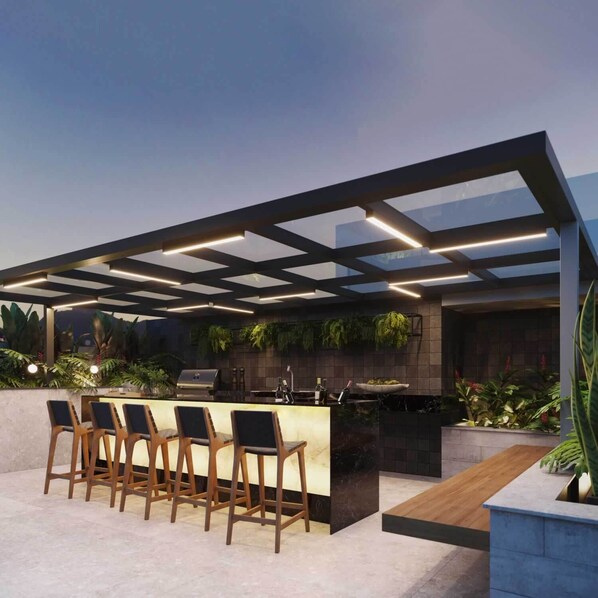 Outdoor dining - Modern apartment in Rio de Janeiro + swimming pool + rooftop with panoramic views. (Rio de Janeiro)