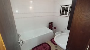 Bidet, towels, soap, toilet paper