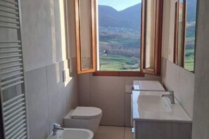 Een douche, een haardroger, een bidet, handdoeken