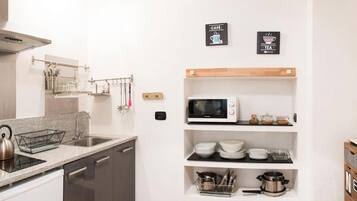 Fridge, microwave, stovetop, electric kettle