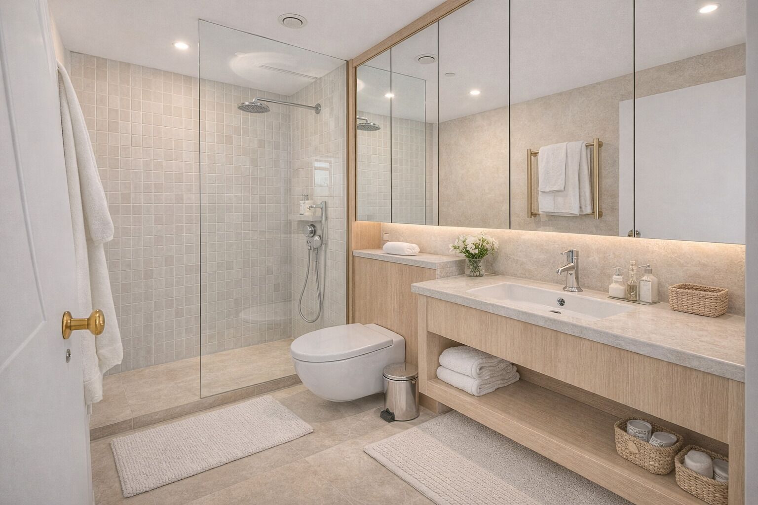 Shower, bidet, towels, soap