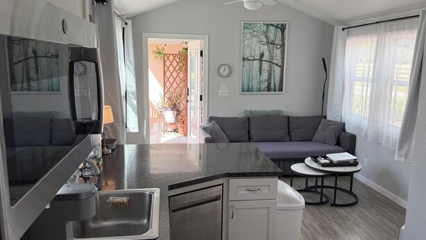 A modern kitchen with a built-in oven, a coffee maker, and a sink. There is a gray sofa and a small table in the living area. - Mira Bella South - 1BR Tiny Home in Lake Helen (Lake Helen)