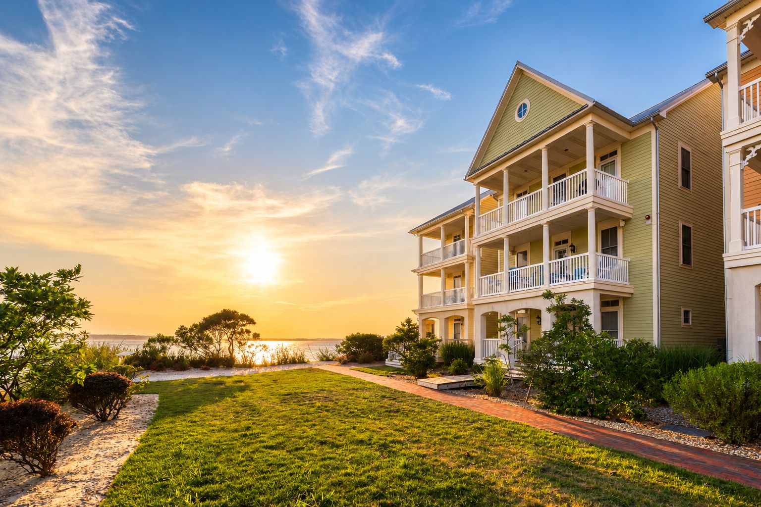 A multi-story hotel with a balcony on the second floor, a well-maintained lawn, and a view of the ocean.