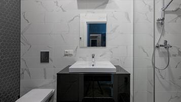 Shower, hair dryer, towels, toilet paper