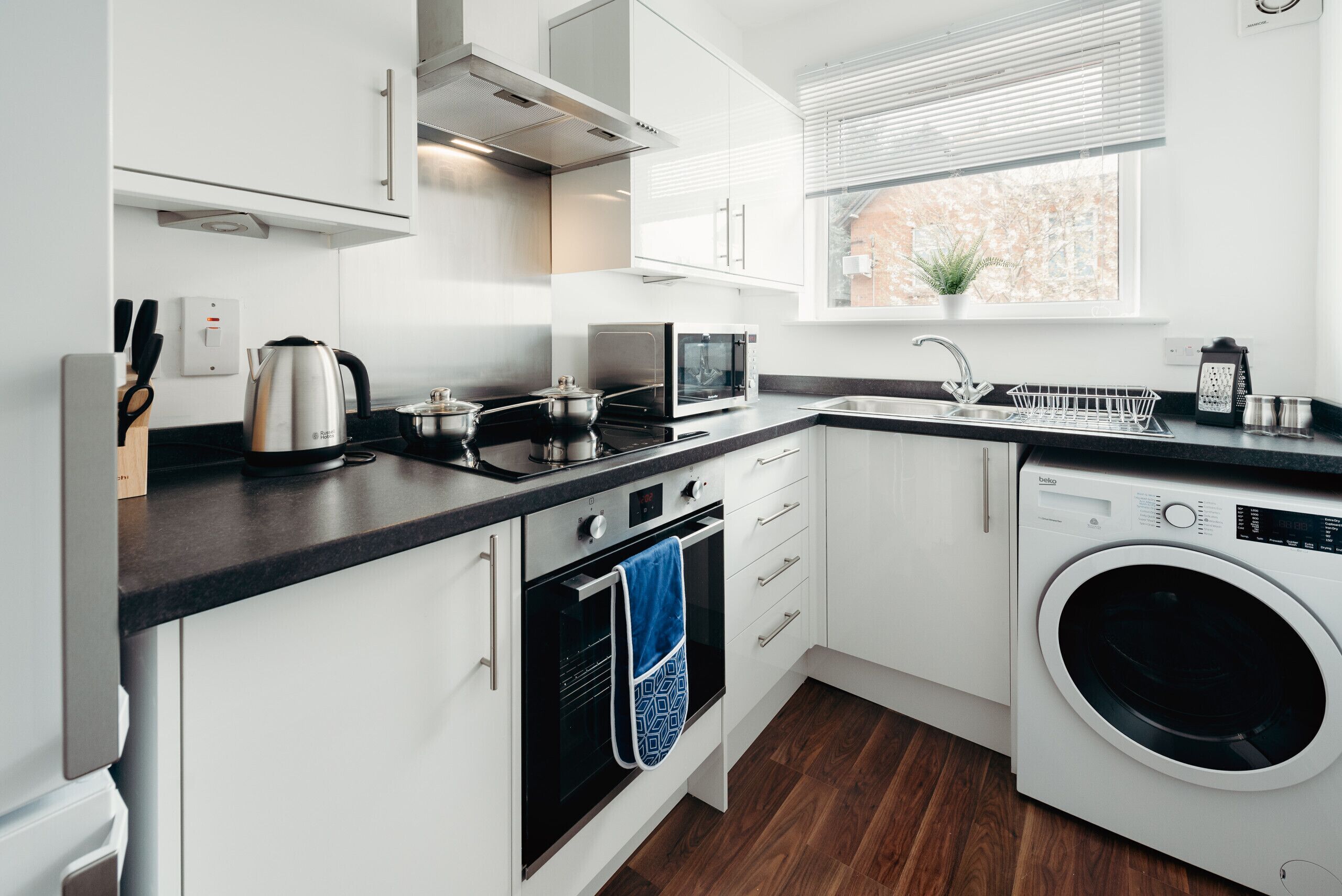 Fridge, microwave, electric kettle, toaster