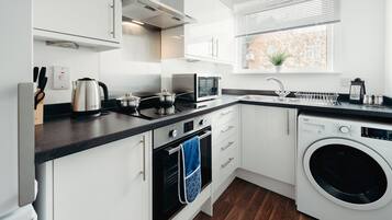 Fridge, microwave, electric kettle, toaster