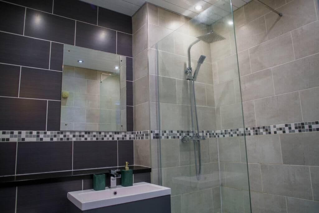 Shower, hair dryer, towels, toilet paper
