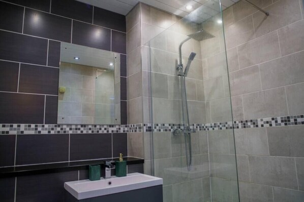 Shower, hair dryer, towels, toilet paper