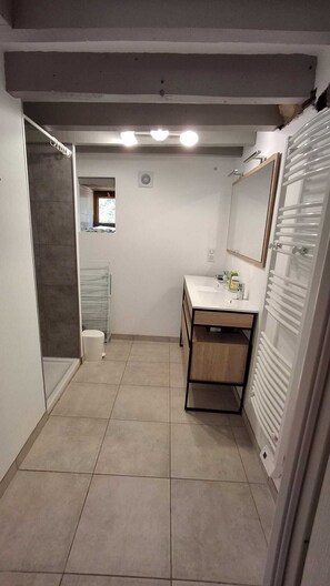 Chuveiro, secador de cabelo, toalhas de banho 