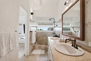 Shower, hair dryer, shampoo