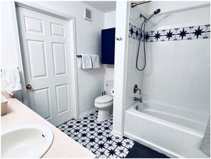Hair dryer, towels, soap, toilet paper