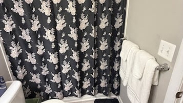 Secadora de cabello, toallas, jabón, papel de baño