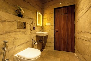 Shower, towels, toilet paper