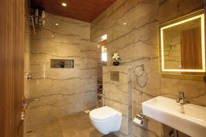 Regadera, toallas, papel de baño 