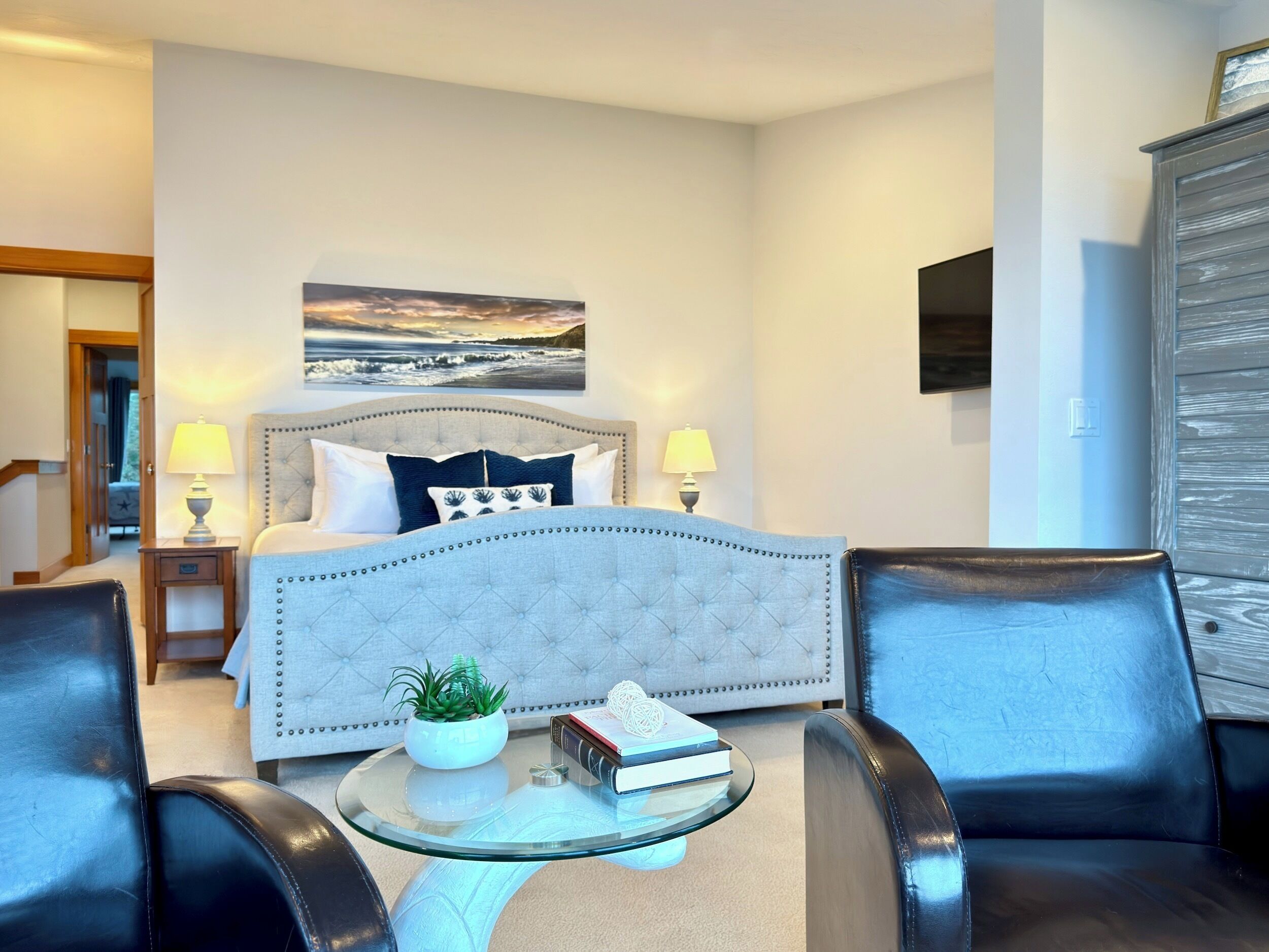 Smart TV, fireplace, books