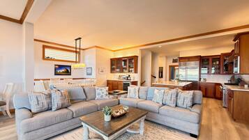 Smart TV, fireplace, books