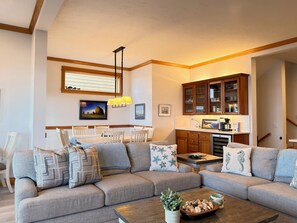 Smart TV, fireplace, books