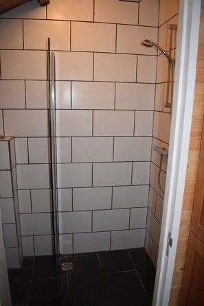 Een douche, handdoeken, toiletpapier