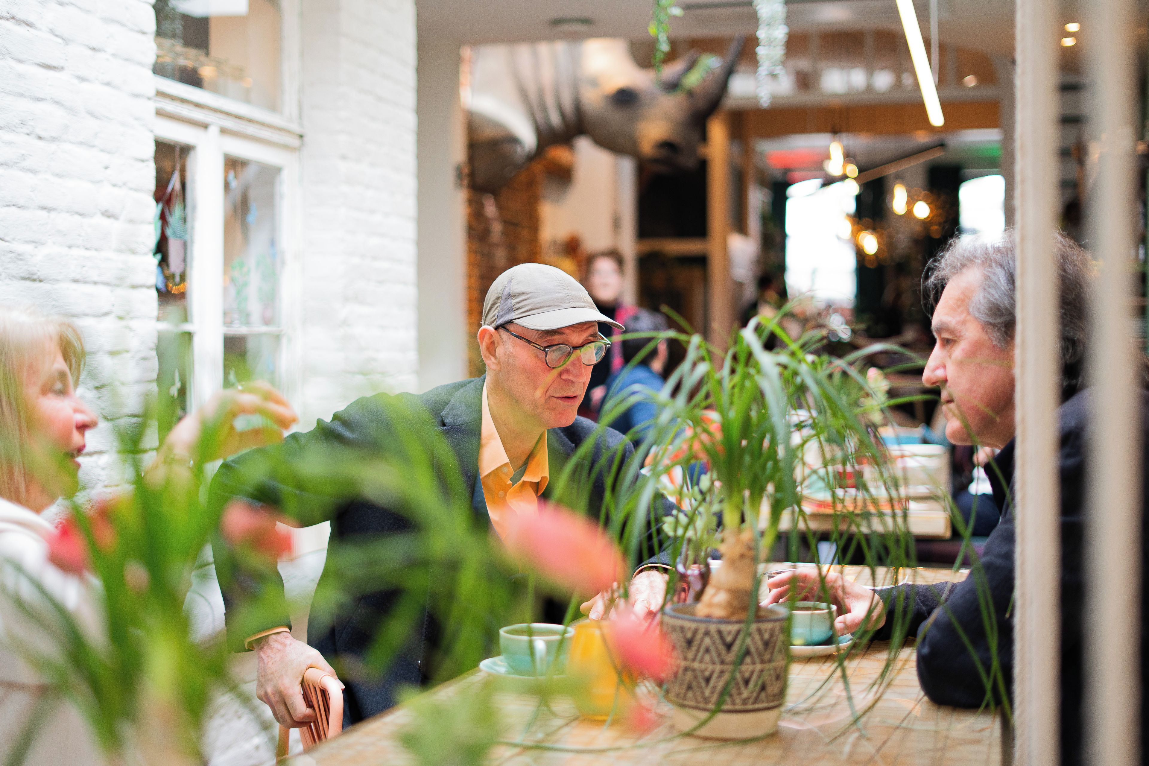 A group of people seated at a table with a potted plant and a cup.