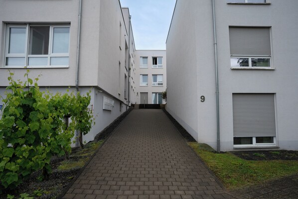 A narrow pathway between two buildings with a brick floor and a small garden area with green plants.