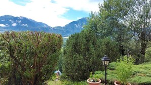 Ein Garten mit Topfpflanzen, einem Korbstuhl und einer Laterne.
