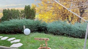 Ein Garten mit einem Schild mit der Aufschrift 'STUDIO', einer weißen, kugelförmigen Figur und Steintreppen.
