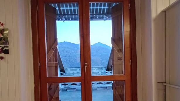 A wooden door with glass panels leading to an outdoor area with a view of mountains.