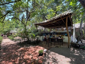 Un área rústica de cocina al aire libre con un sendero de ladrillo, rodeada de abundante vegetación y una estructura de techo de paja.