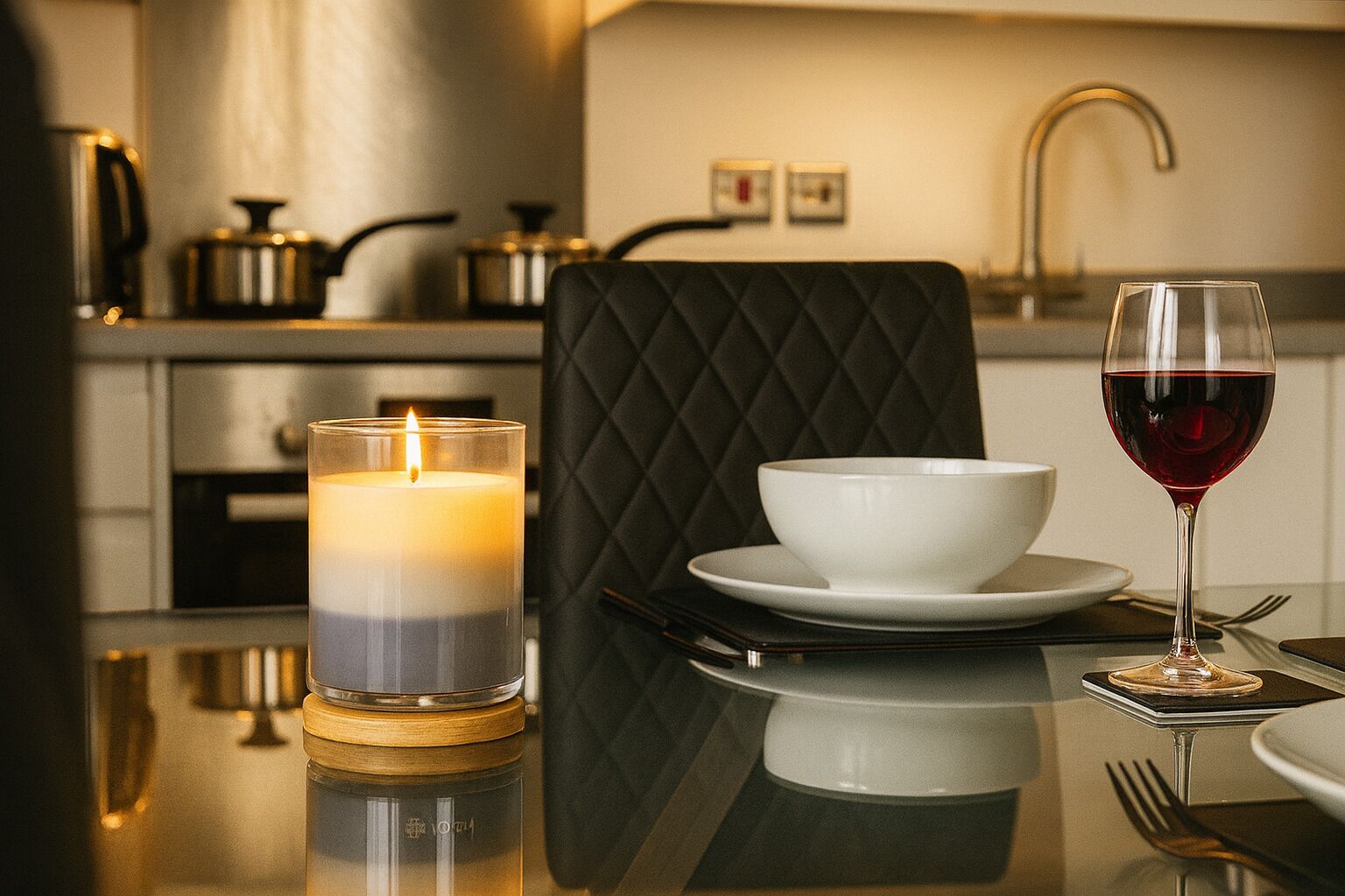 A candle, a glass of red wine, and a white bowl on a table in a modern kitchen setting.