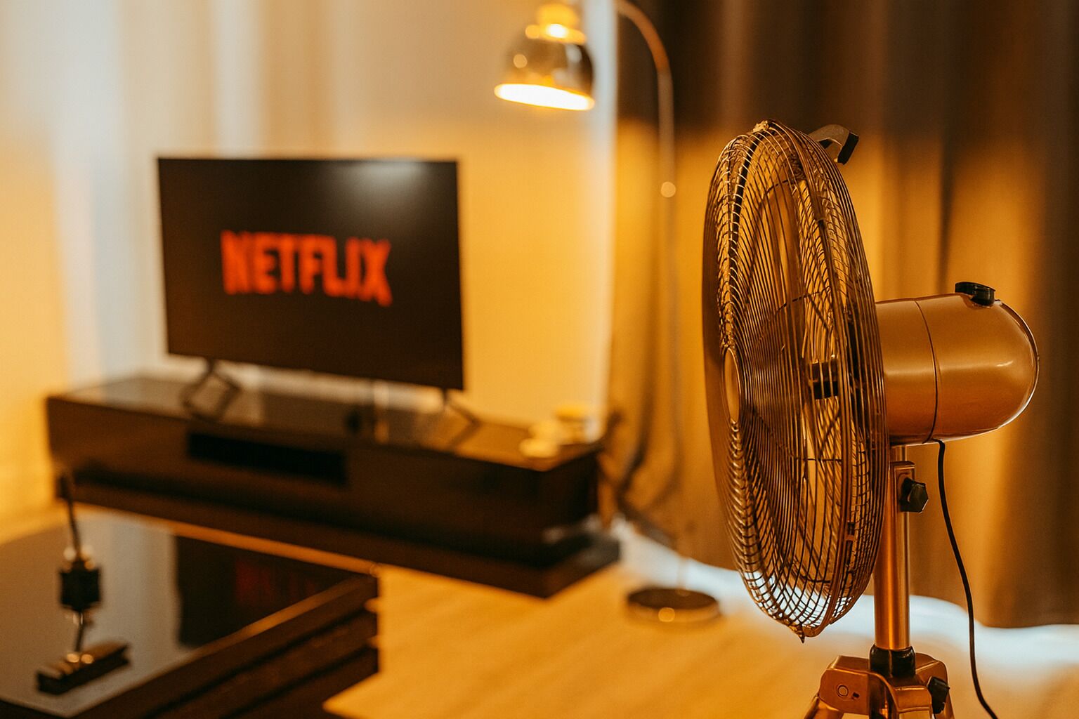 Ein Zimmer mit Fernseher, der 'NETFLIX' anzeigt, einem Standventilator und einer Fernbedienung auf einem Holztisch.