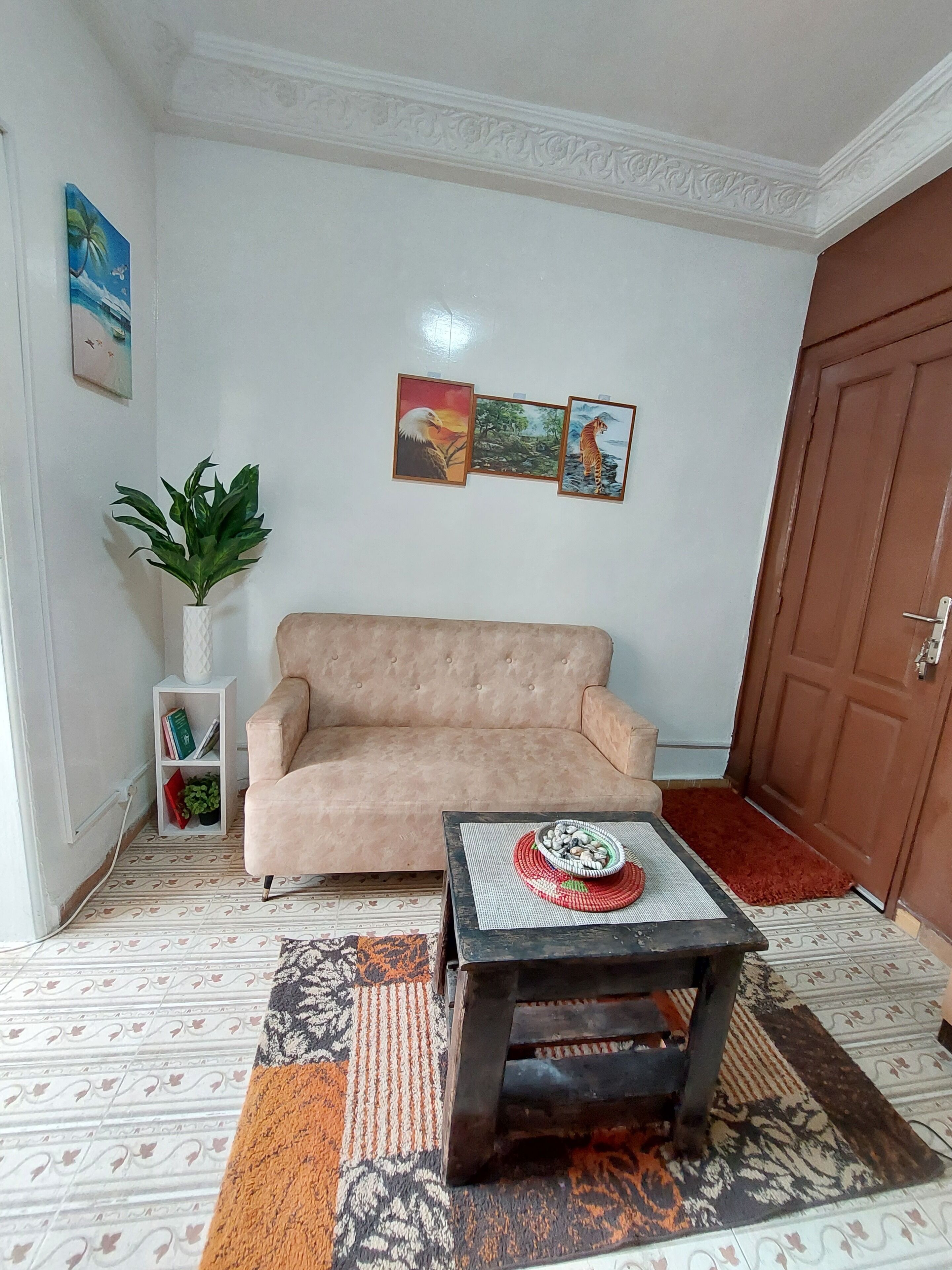 Smart-TV, peis, bøker og stereoanlegg