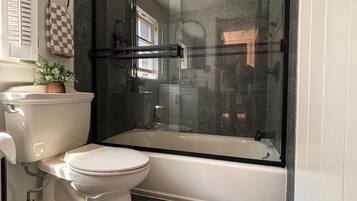 Hair dryer, towels, soap, toilet paper