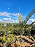 Estrutura de pedra circular, rodeada por vegetação, com vista para uma paisagem com árvores e um corpo de água ao longe.