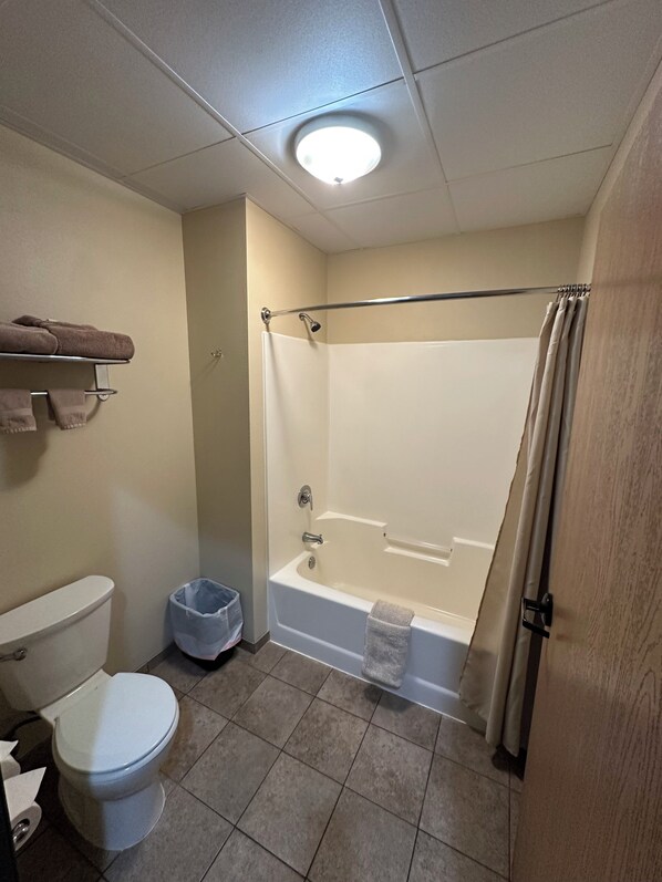 Ein Badezimmer mit Toilette, Badewanne und Dusche.