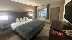 A hotel room with a bed, bedside lamps, a TV, a desk with a phone, and a window with a view of the outside. - Econo Lodge St. Petersburg Central (St. Petersburg)